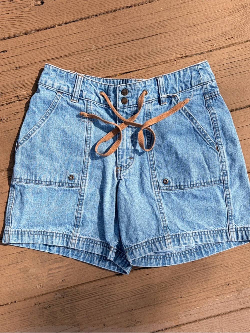 Vintage 90’s Outdoorsy Riders Light Blue Denim Shorts with Tan Drawstring
